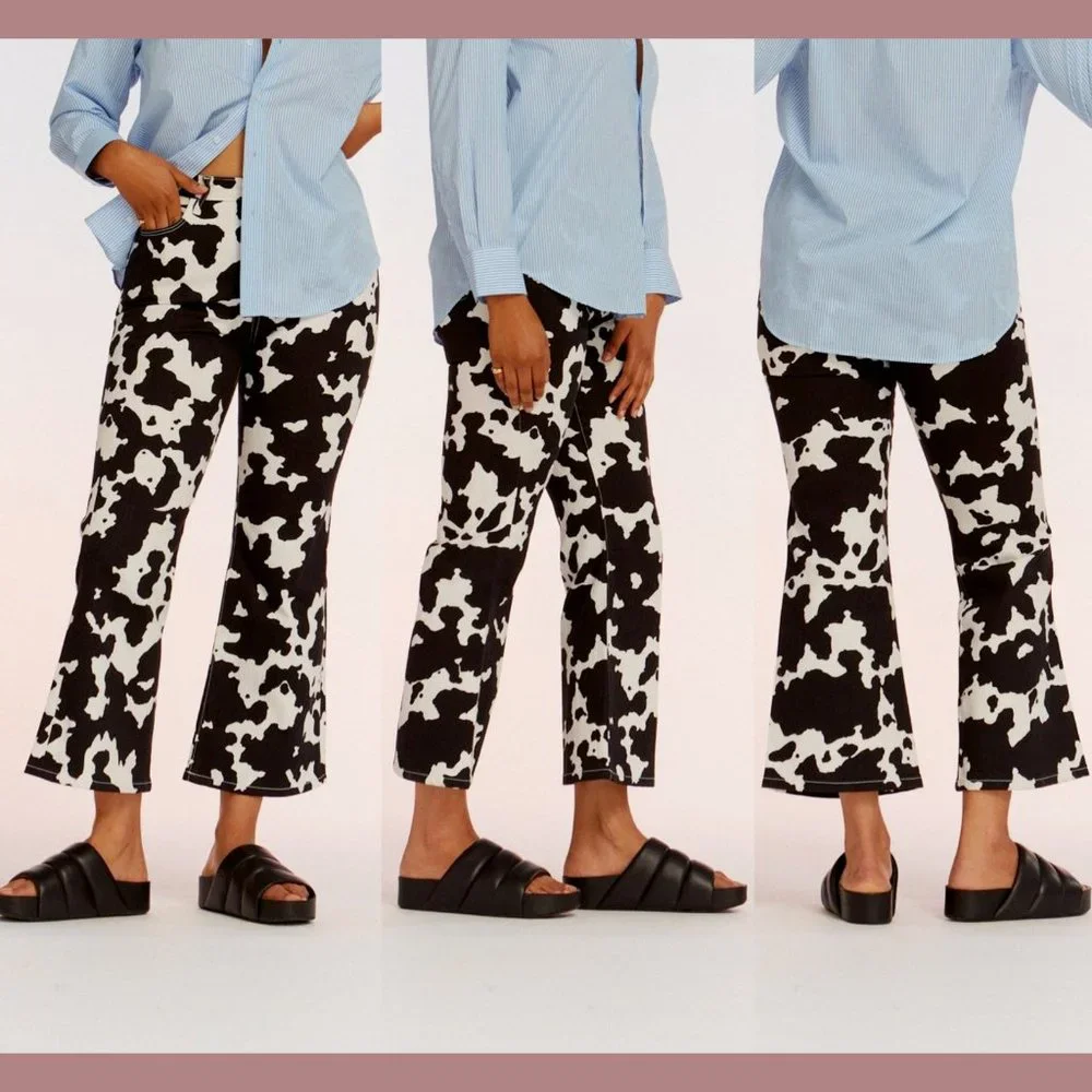 NEW $395 SIMON MILLER [ 24 ] Bell Bottom Jeans In Black White Cow‎ Print #Q375